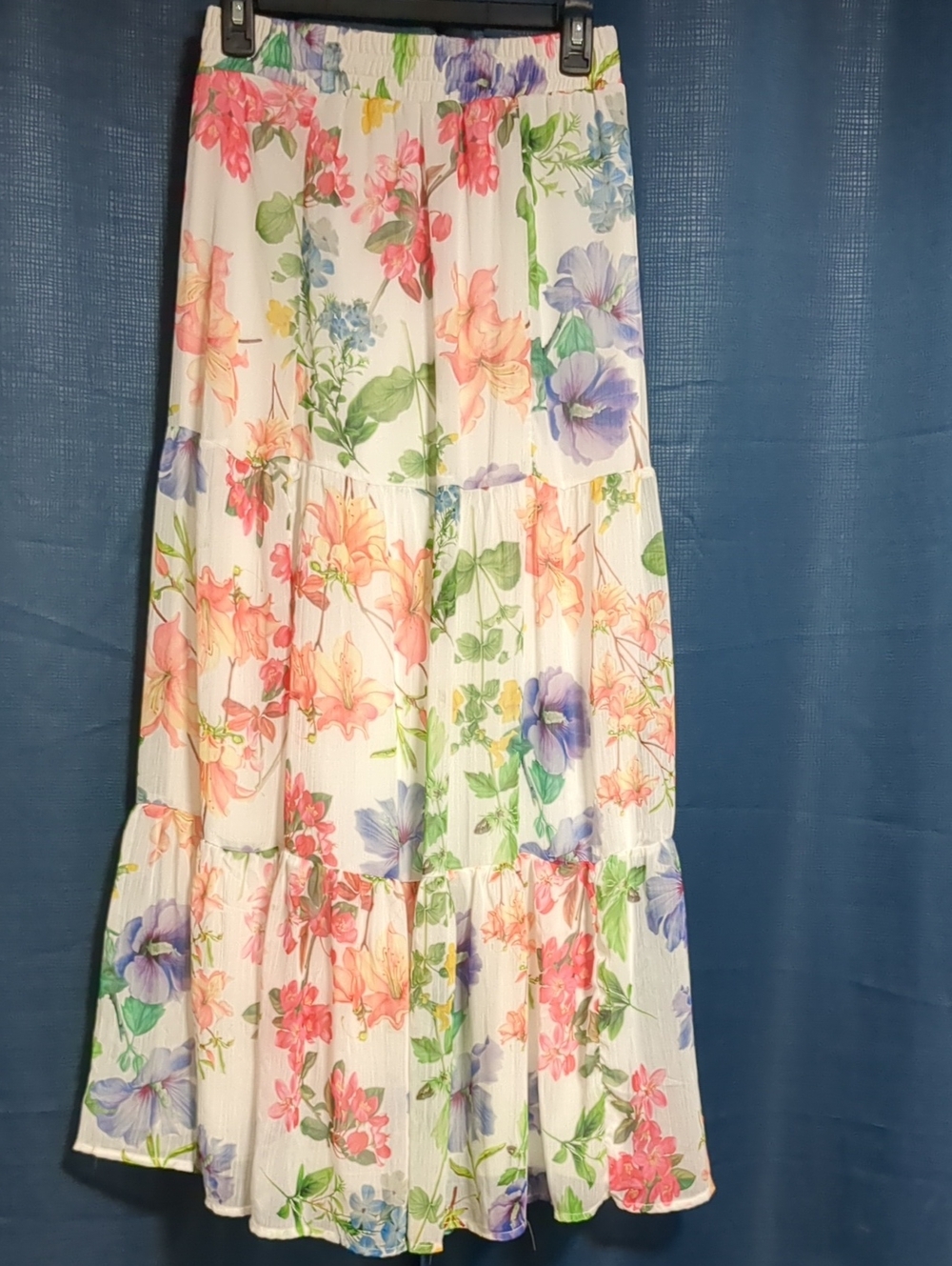 White Floral Tiered Maxi Skirt - Pastel Multi-Color